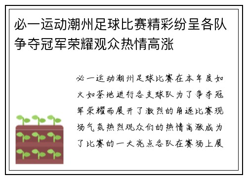 必一运动潮州足球比赛精彩纷呈各队争夺冠军荣耀观众热情高涨